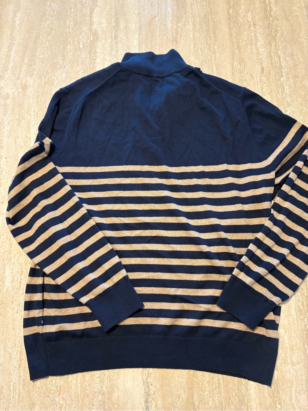 Nautica Navtech Mens XL Quarter Zip Sweater Striped Navy Beige Knit Pullover - Picture 2 of 6